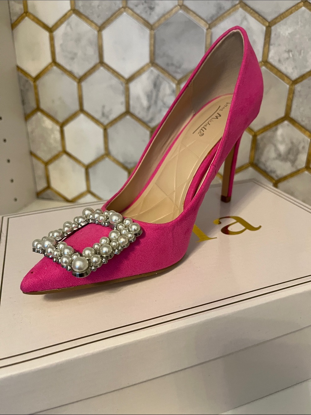 Hot Pink Pearl-Embellished Pointed Toe Pump